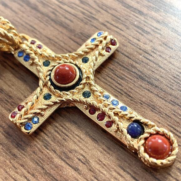 Signed JBK Camrose & Kross 18K Plated Byzantine Jasper Gemstone Cross Necklace - Picture 13 of 15